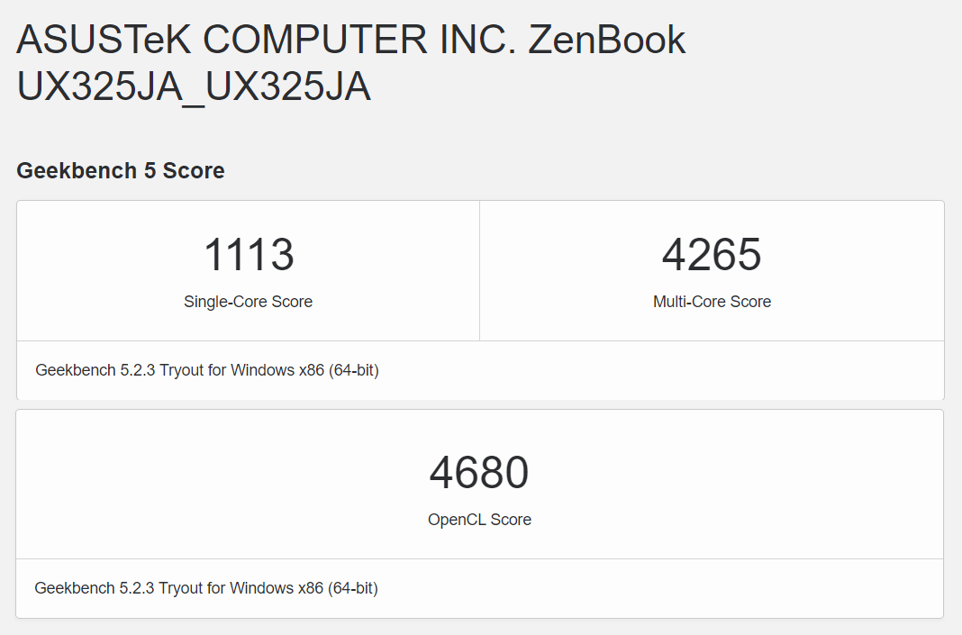 ASUS ZenBook 13 UX325JA Geekbench 5